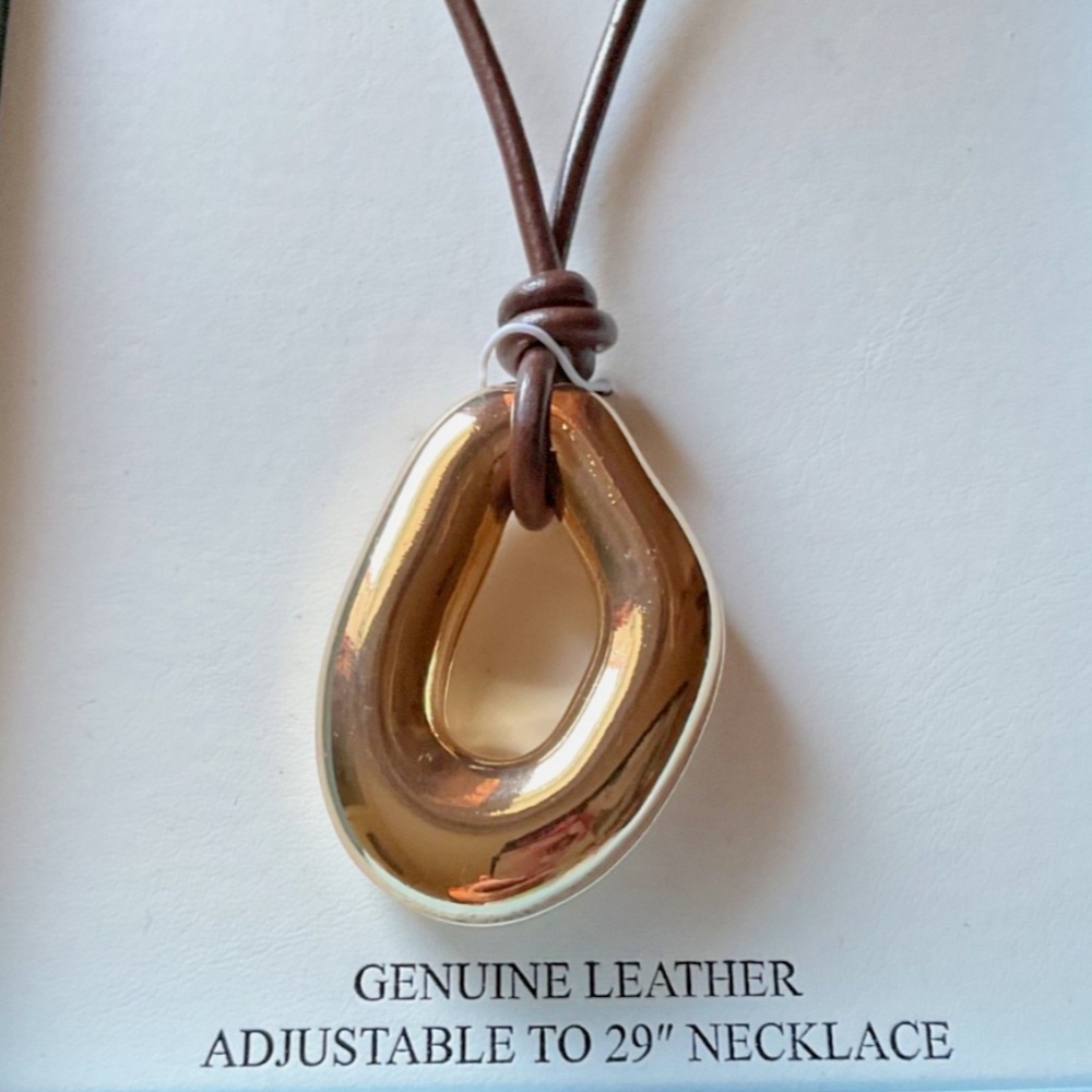 NWT ATTERRI Gold Tone Brown Leather Cord Fashion Design Necklace